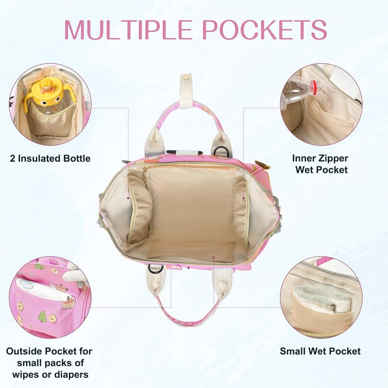 Mozzilog Small Diaper Bag Crossbody Backpack, 4 in 1 Mini Travel Mommy Tote w/Shoulder for Stroller, Small Toddler Daiper Tote with Insulated Pockets, Compact Baby Bag for Mom (Pink Animal) - Image 4